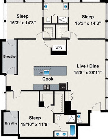 3 Bed 2 Bath Floor plan at 24 S Morgan Apartments, Chicago, Illinois