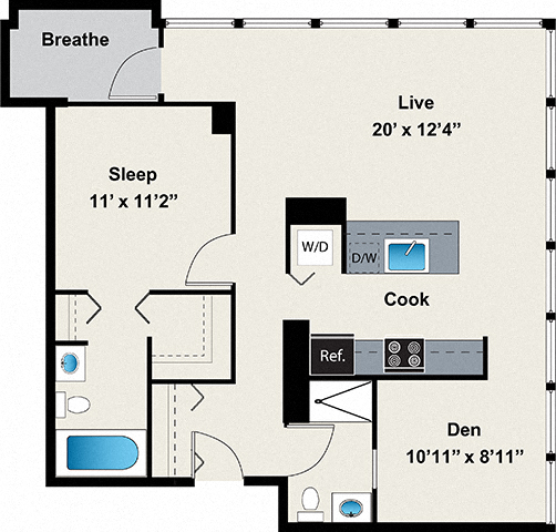 1 Bedroom with den Floor plan at 24 S Morgan Apartments, Chicago, Illinois