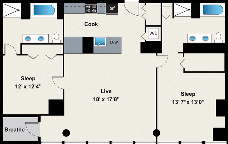 2 Bed 2 Bath Floor plan at 24 S Morgan Apartments, Chicago, Illinois