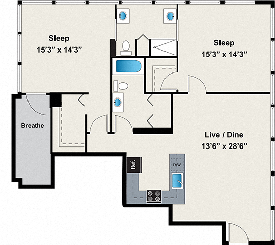 2 Bed 2 Bath Floor plan at 24 S Morgan Apartments, Chicago, Illinois