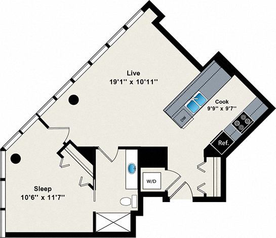1 Bed 1 Bath Small 660 Floor Plan at Reside on Green Street Apartments, Chicago, Illinois