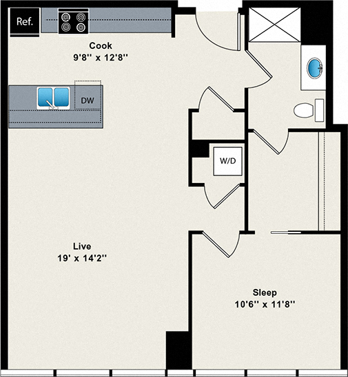 1 Bed 1 Bath Medium 790 Floor Plan at Reside on Green Street Apartments, Illinois, 60642