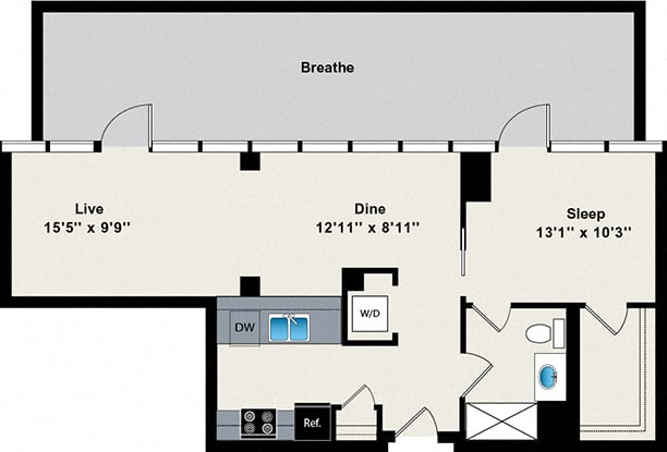 1 Bed 1 Bath Penthouse 745 Floor Plan at Reside on Green Street Apartments, Illinois, 60642