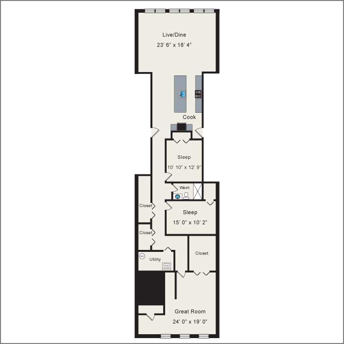 A floor plan of a house with a living/dine area, two sleeping areas, a kitchen, a utility space, and a great room.