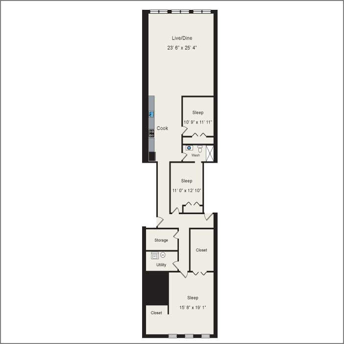A floor plan of a small apartment with a living/dining area, a kitchen, a storage area, and two sleeping areas.