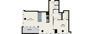 A floor plan of a room with a living area, a sleeping area, and a bathroom.