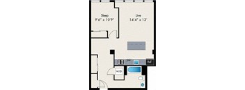 A floor plan of a room with a sleeping area and a live area.