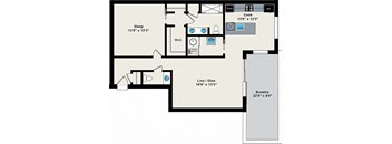 A floor plan of a house with a sleeping area, a kitchen, a living/dining area, and a bathroom.