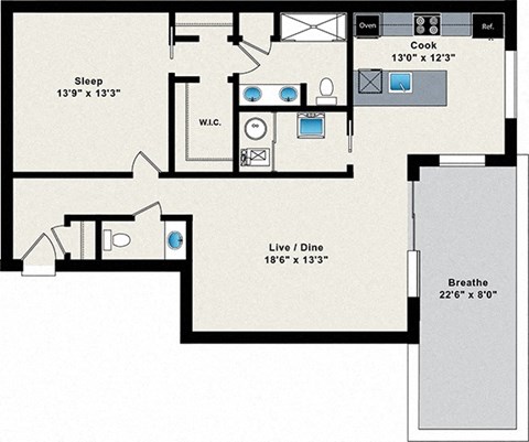 A floor plan of a house with a sleeping area, a kitchen, a living/dining area, and a bathroom.