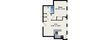 A floor plan shows a sleeping area of 10'10" x 8'5" and a live area of 15'8" x 10'8".