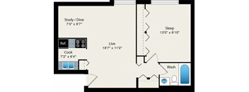 A floor plan of a house with a study, a sleeping area, a cooking area, a washing machine, and a reference to a bathroom.