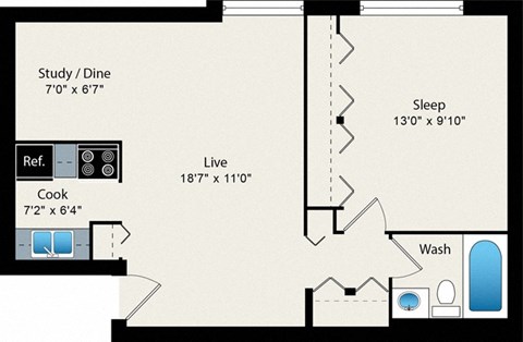 A floor plan of a house with a study, a sleeping area, a cooking area, a washing machine, and a reference to a bathroom.