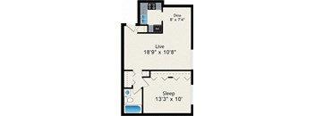 A floor plan of a room with a dining area, a living area, and a sleeping area.