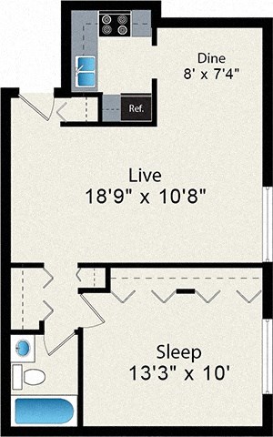 A floor plan of a room with a dining area, a living area, and a sleeping area.
