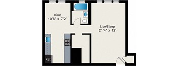 A floor plan of a room with a dining area, a living/sleeping area, and a reference line.