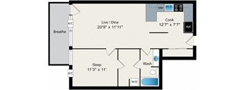 A floor plan of a house with a living room, dining room, kitchen, bedroom, and bathroom.