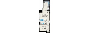 A floor plan of a house with a kitchen, living room, dining room, and two bedrooms.