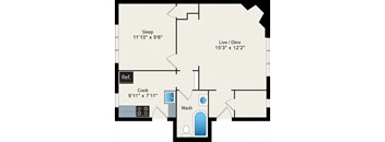 A floor plan of a small apartment with a sleeping area, a live/dining area, a kitchen, and a bathroom.