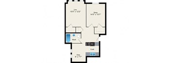 A floor plan of a small apartment with a living room, sleeping area, kitchen, and bathroom.