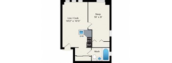 A floor plan of a small apartment with a sleeping area, a kitchen/live area, a bathroom, and a laundry area.
