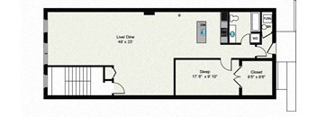 A floor plan of a room with a liver/dine area, a closet, and a step area.