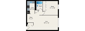 A floor plan of a small apartment with a sleeping area, a dining area, a kitchen, a bathroom, and a living room.