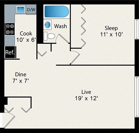 A floor plan of a small apartment with a sleeping area, a dining area, a kitchen, a bathroom, and a living room.