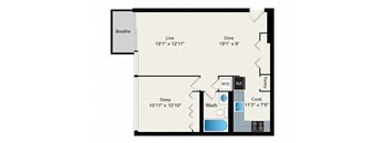 A floor plan of a small apartment with a sleeping area, a kitchen, a bathroom, and a living area.