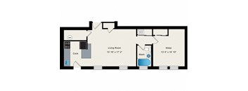 A floor plan of a small apartment with a living room, sleep area, and a kitchen.