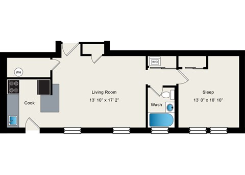 A floor plan of a small apartment with a living room, sleep area, and a kitchen.