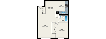 A floor plan of a small apartment with a sleeping area, a kitchen, a study/dining area, a bathroom, and a living area.