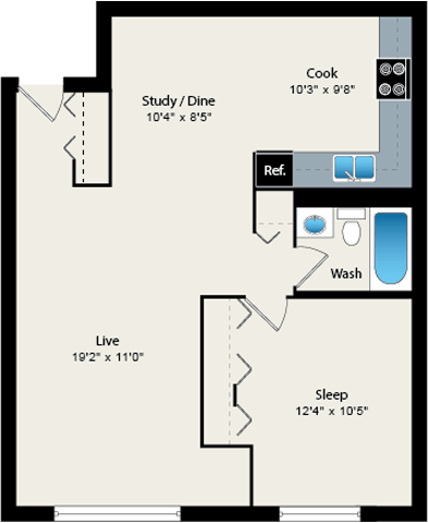 A floor plan of a small apartment with a sleeping area, a kitchen, a study/dining area, a bathroom, and a living area.