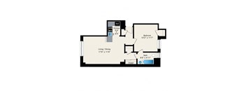 A floor plan of a house with a living room, dining room, kitchen, bedroom, bathroom and closet.