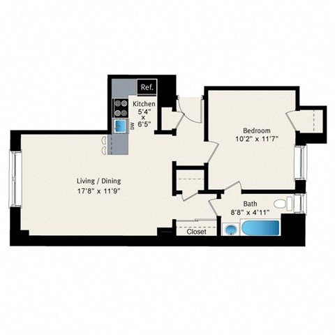 A floor plan of a house with a living room, dining room, kitchen, bedroom, bathroom and closet.