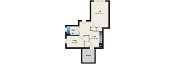 A floor plan of a house with a living room, kitchen, bathroom, bedroom, and a breathe area.