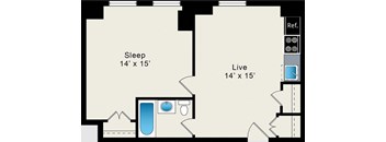 A floor plan shows a bedroom and living room, both sized 14' x 15'.