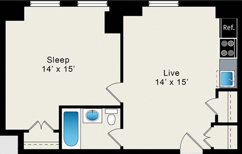 A floor plan shows a bedroom and living room, both sized 14' x 15'.