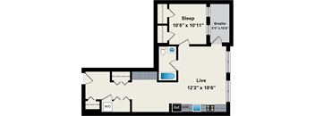 A floor plan of a room with a sleeping area, a living area, and a bathroom.