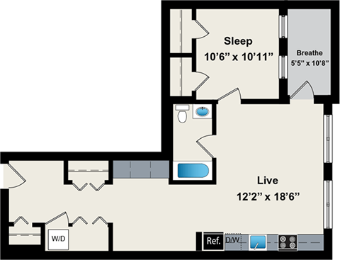 A floor plan of a room with a sleeping area, a living area, and a bathroom.