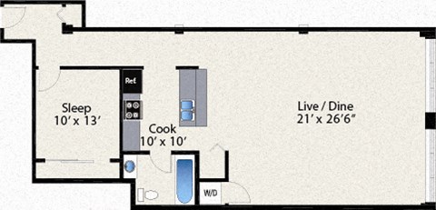 A floor plan shows a bedroom with a sleep area, a kitchen, and a combined living and dining area.