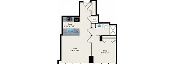 A floor plan of a house with a kitchen, living room, and sleeping area.