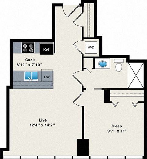A floor plan of a house with a kitchen, living room, and sleeping area.