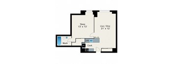 A floor plan of a small apartment with a sleeping area, a washroom, a kitchen, and a living/dining area.