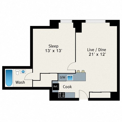 A floor plan of a small apartment with a sleeping area, a washroom, a kitchen, and a living/dining area.