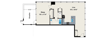 A floor plan of a room with a sleeping area and a live area.
