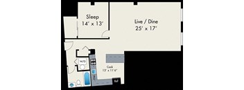 A floor plan of a room with a sleeping area, a live/dine area, a kitchen, and a bathroom.