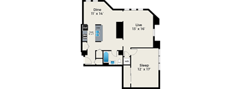 A floor plan of a house with a dining area, a living area, a sleeping area, and a kitchen.