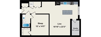 A floor plan of a room with a sleeping area, a living area, and a bathroom.
