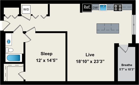 A floor plan of a room with a sleeping area, a living area, and a bathroom.