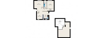 A floor plan of a house with a bedroom, living room, and dining area.
